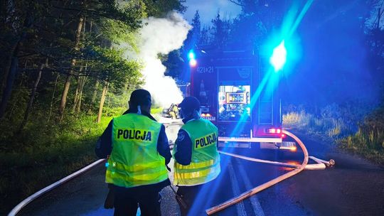 Groźne zdarzenie na drodze wojewódzkiej. Audi zapaliło się podczas jazdy. ZDJĘCIA
