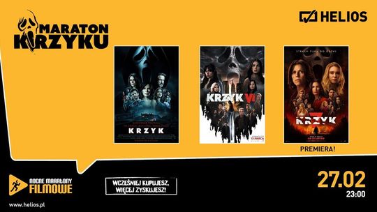Nocny maraton filmowy z trzema częściami "Krzyku" w kinie Helios Nocny maraton filmowy z trzema częściami "Krzyku" w kinie Helios