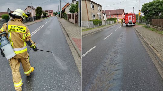 Plama substancji ropopochodnej na drodze w Cisowej