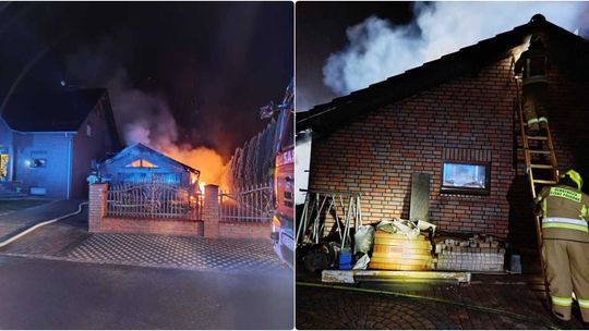 Pożar garażu w Większycach. Sześć zastępów straży w nocnej akcji. ZDJĘCIA
