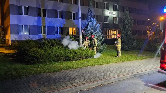 Pożar latarni przy komendzie policji. Interweniowali strażacy
