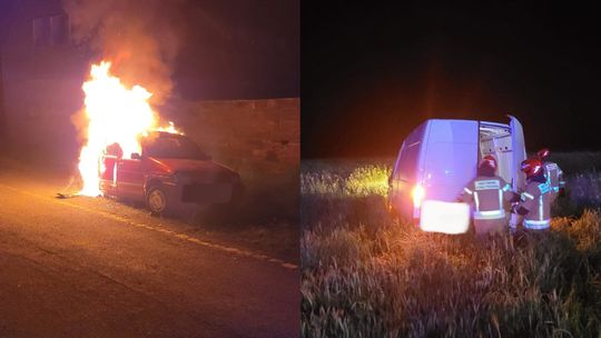 Pożar osobówki na Wyspie i dachowanie busa w Komornie
