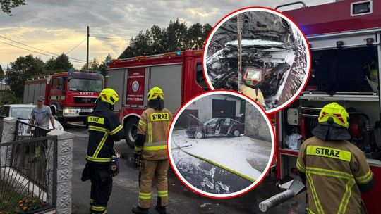 Samochód stanął w płomieniach na posesji. Na miejscu ogień ugasili strażacy foto: OSP Polska Cerekiew