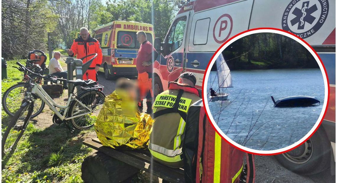 Akcja ratunkowa na akwenie Dębowa. Przewróciła się łodź żaglowa, którą płynęli ojciec z synem