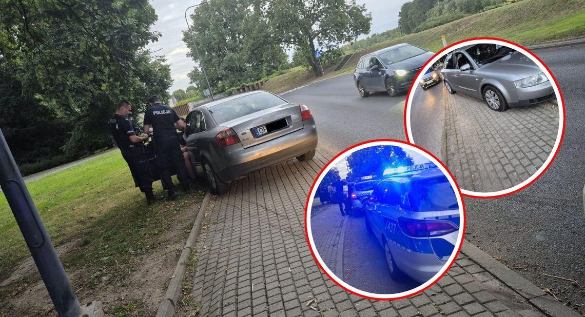 Kierowca Audi jechał za szybko. Wypadł na łuku drogi i zakończył podróż na chodniku