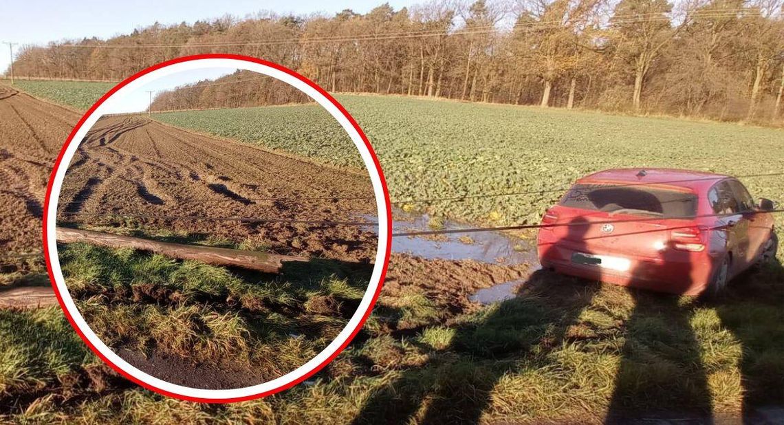 Kierowca BMW ściął słup i uciekł, pozostawiając samochód w polu. Szuka go policja.