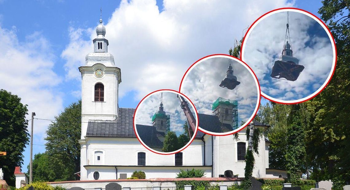 Kościelna kopuła w Pawłowiczkach ważyła 6 ton. Została ściągnięta przy pomocy wielkiego dźwigu. FILM