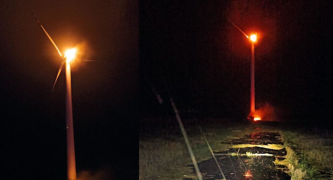 Nocny pożar turbiny wiatrakowej w miejscowości Maciowakrze Nocny pożar turbiny wiatrakowej w miejscowości Maciowakrze