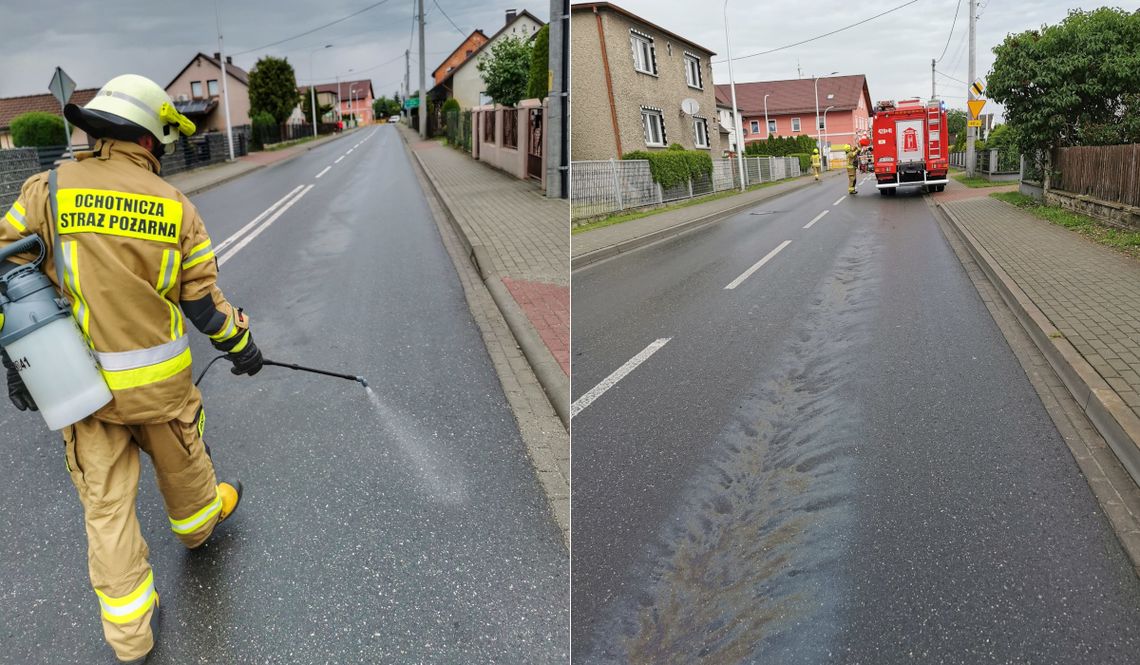 Plama substancji ropopochodnej na drodze w Cisowej