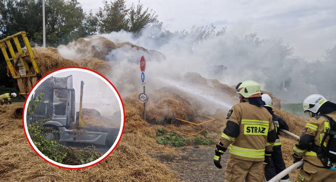 Pożar samochodu ciężarowego przewożącego słomę w Pawłowiczkach