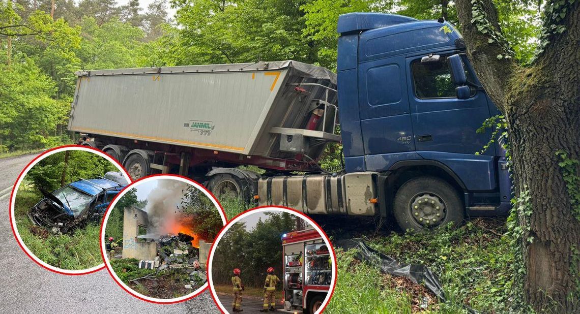 Pracowity wieczór strażaków w powiecie. Wypadek i dwa pożary w ciągu dwóch godzin. ZDJĘCIA