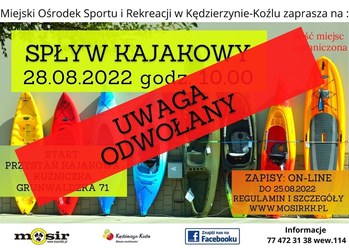 Spływ kajakowy pętlą kędzierzyńską został odwołany