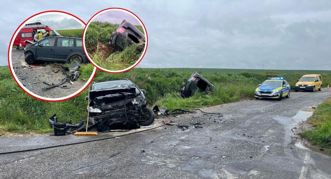 Groźny wypadek w Roszowicach. Passat dachował po zderzeniu z touranem. Jedna osoba w szpitalu