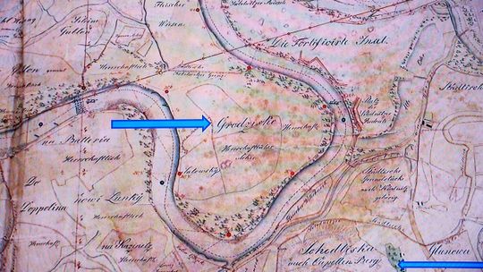 Mapa Odry w rejonie Koźla z trzeciej dekady XIX wieku, na której zaznaczono zakole nad rzeką, nazwane „grodziskiem”