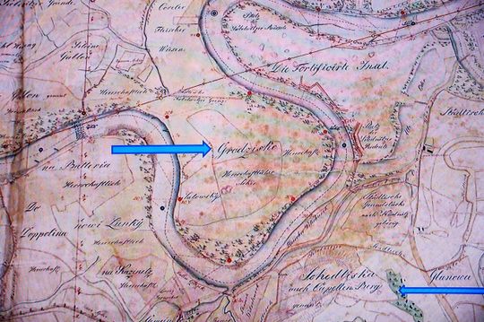 Mapa Odry w rejonie Koźla z trzeciej dekady XIX wieku, na której zaznaczono zakole nad rzeką, nazwane „grodziskiem”