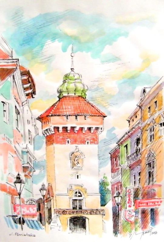 Jerzy Tomasikiewicz - „Brama Floriańska” - 2016 r. akwarela